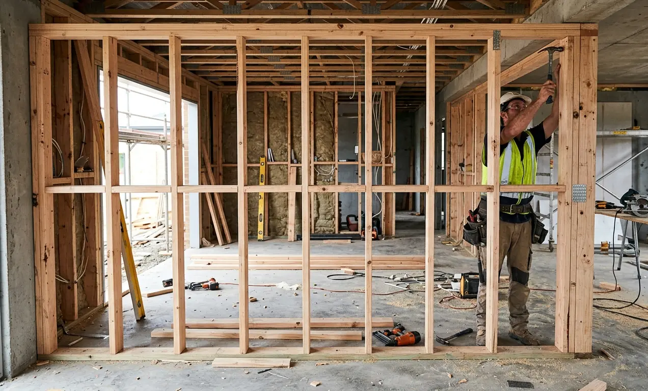 Timber stud wall frame showing top plate, bottom plate, vertical studs and noggins
