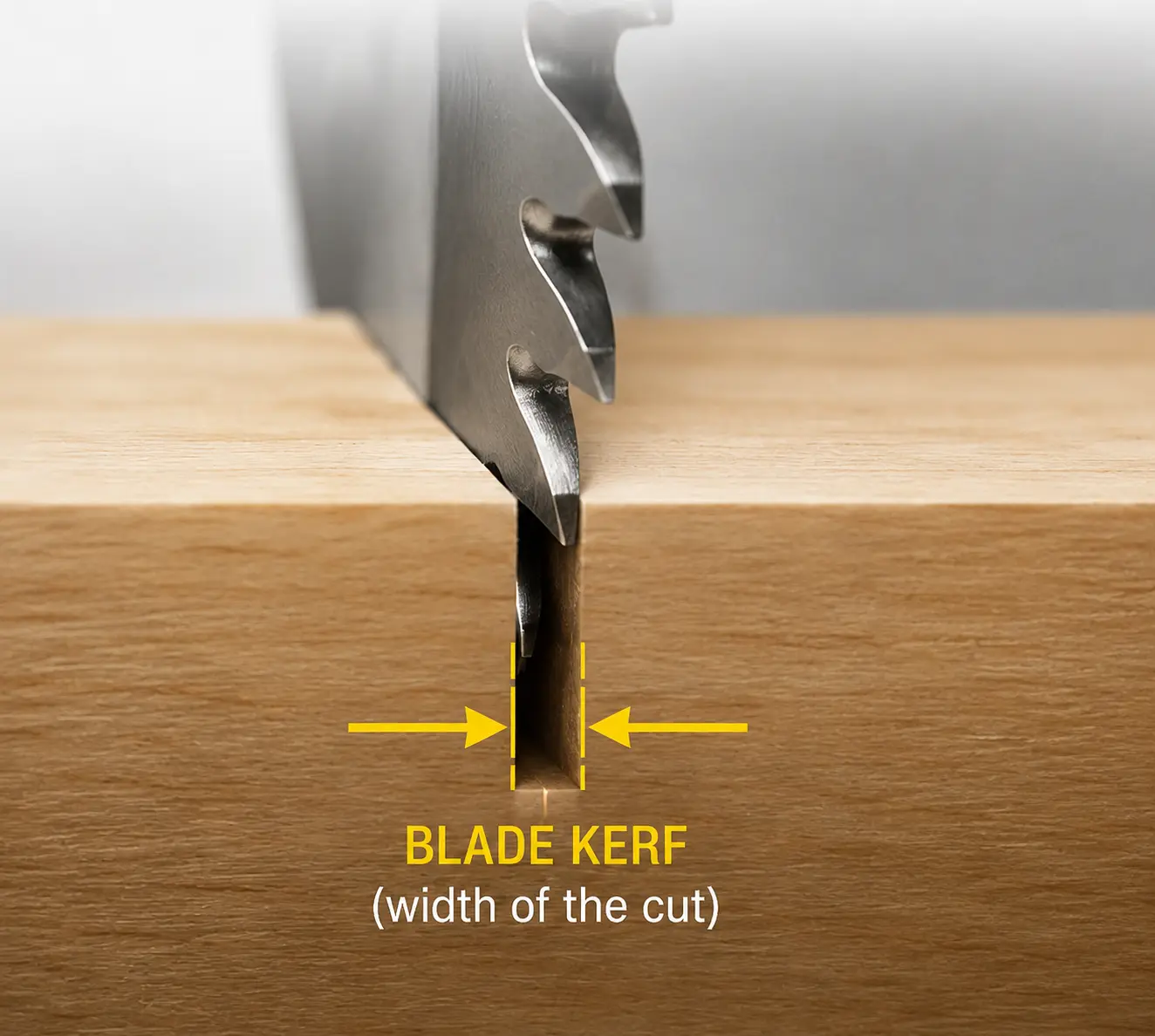 Diagram showing blade kerf: the slot of material removed by a circular saw blade between two cut pieces