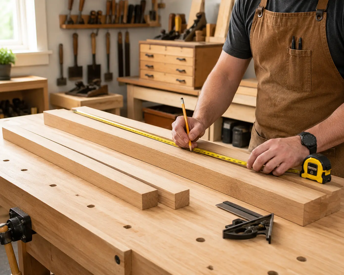 Marking timber lengths against a cut list before cutting to size in the workshop